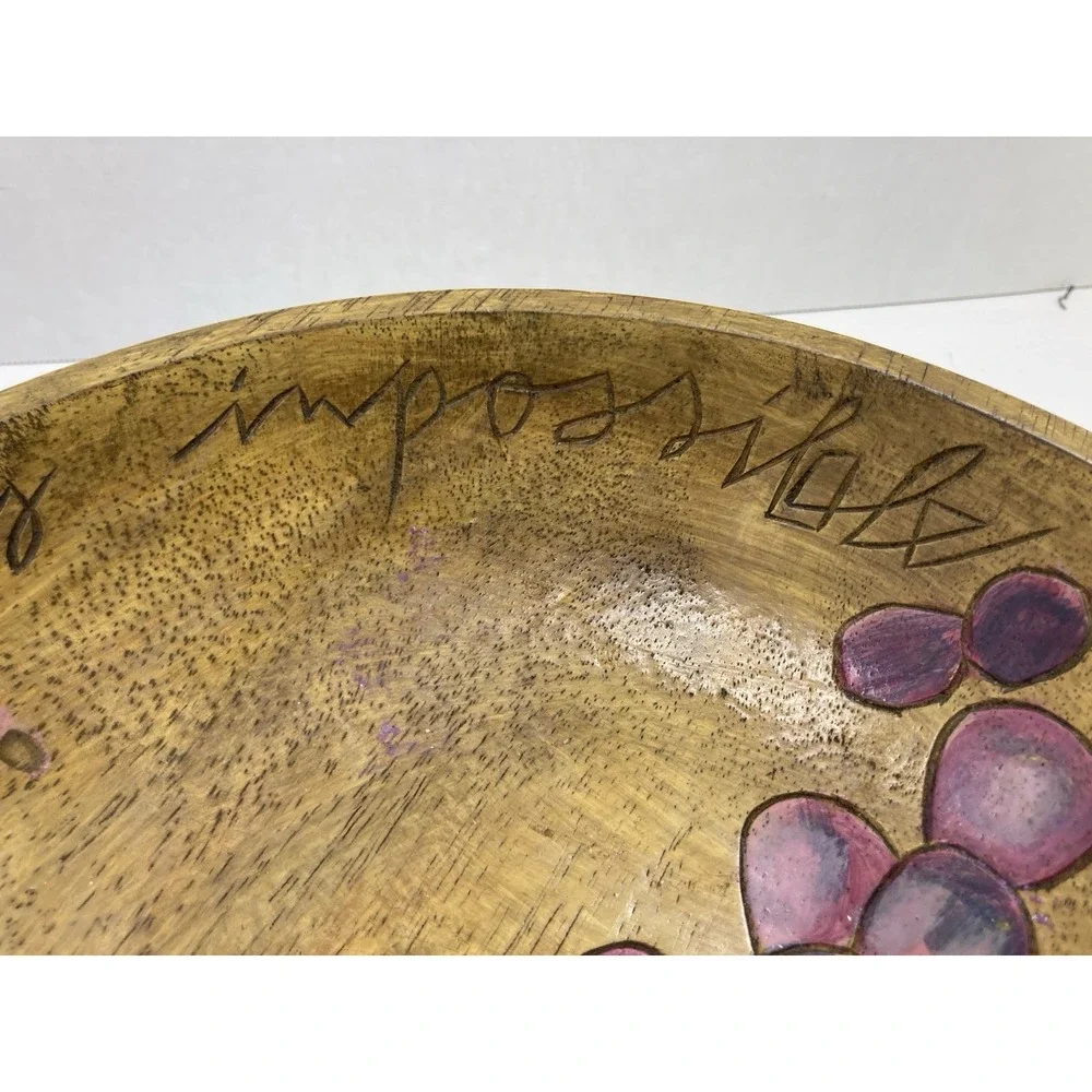 Vtg Hand Painted Wooden Fruit/Salad Bowl‎ Bible Verse Christain Grapes 10.5